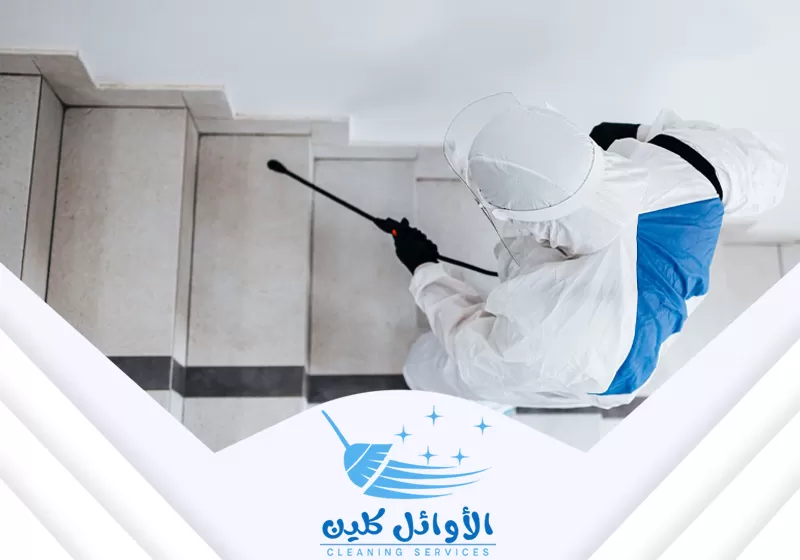 فني مكافحة الحشرات بنجران يقوم برش المبيد على الدرج للتخلص من الحشرات.