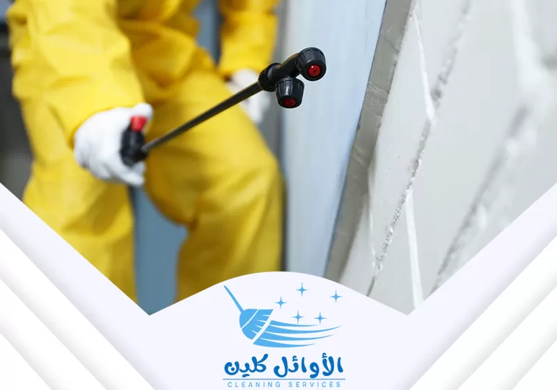 فني يرتدي زي واقي ويقوم بـ رش مبيدات في نجران على الجدار لمكافحة الحشرات.